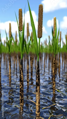 Lush Cattails in Shallow Water Reflecting the Blue Sky in Wetland Habitat