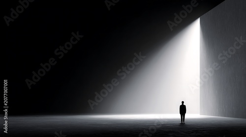 Silhouette of a person standing in a dark room with a bright light shining through an opening, symbolizing hope and new beginnings.