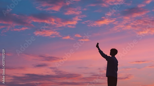 Silhouette of a person taking a selfie against a vibrant sunset sky.