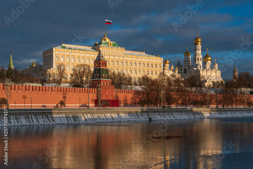 Grand Kremlin Palace, the Annunciation Tower and the ensemble of the Kremlin Cathedral Square from the embankment of the Moskva River, Moscow, Russia