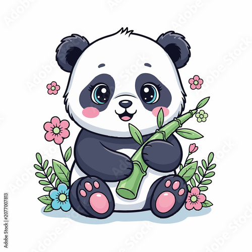 Cute Baby Panda Holding Bamboo and Flowers Illustration