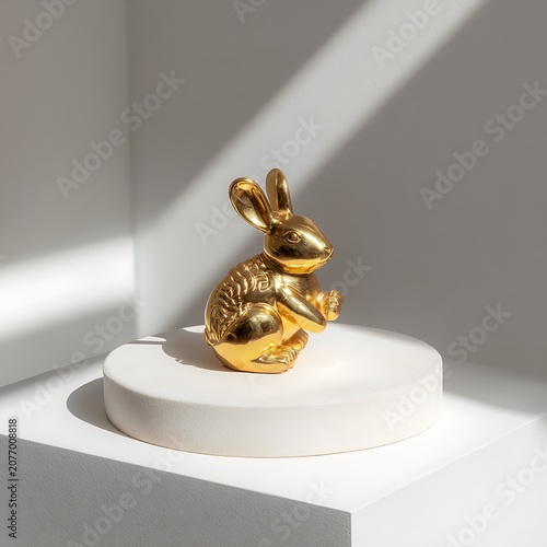 Golden Bunny Figurine on Pedestal with Dramatic Shadows.