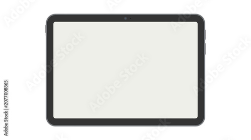 Modern digital tablet device with blank white screen, viewed from a straight-on, eye-level perspective against a clean white background, showcasing minimalist technology.
