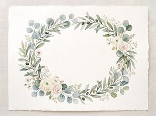 Watercolor floral wreath with eucalyptus, olive branches, and delicate white and pink flowers on textured paper.