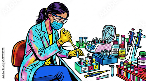 Female scientist analyzing samples in laboratory with equipment  