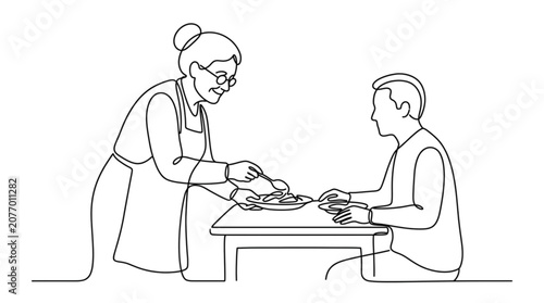 Elderly woman serving meal to young man at dining table  