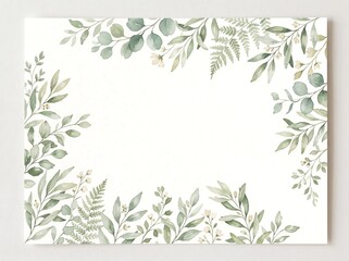 Elegant watercolor botanical frame with various green leaves and delicate white flowers on a clean white background, perfect for invitations or stationery.