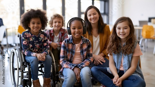 Wide shot of diverse group of 4 elementary students age 7-9 sitting together. One child in wheelchair, others smiling. Inclusive teamwork, peer support, community building concept.