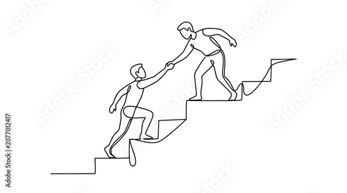 Continuous line drawing of one person helping another up the stairs