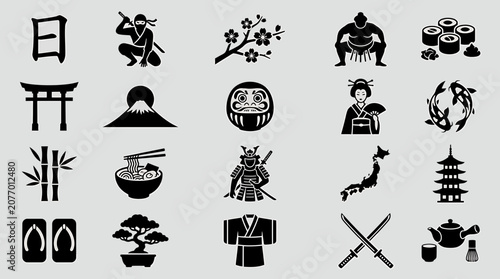Set of japanese culture icons, traditional symbols of japan