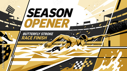 Season Opener Butterfly Stroke Race Finish On The Pool With Stadium Background