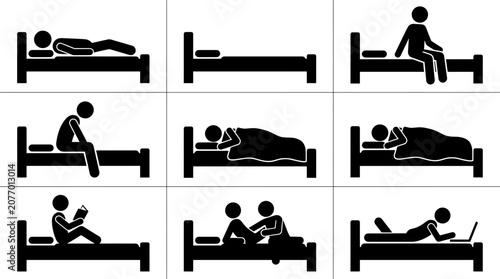 Set of stick figures showing various activities and positions on a bed