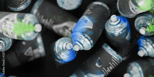 3d old spraypaint cans with paint on the cans, graffiti spray paint cans
