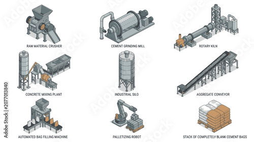 Cuadro en lienzo Collection of isometric industrial equipment for cement production and construction, including crushers, mixers, silos, and robots
