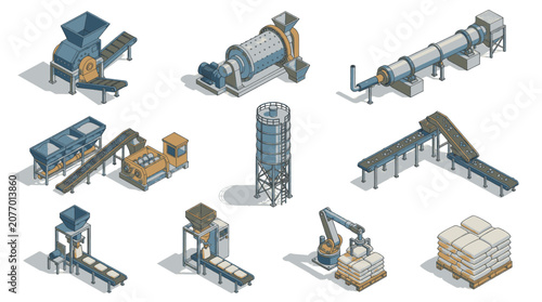 Isometric industrial machinery and equipment collection for manufacturing and production processes.