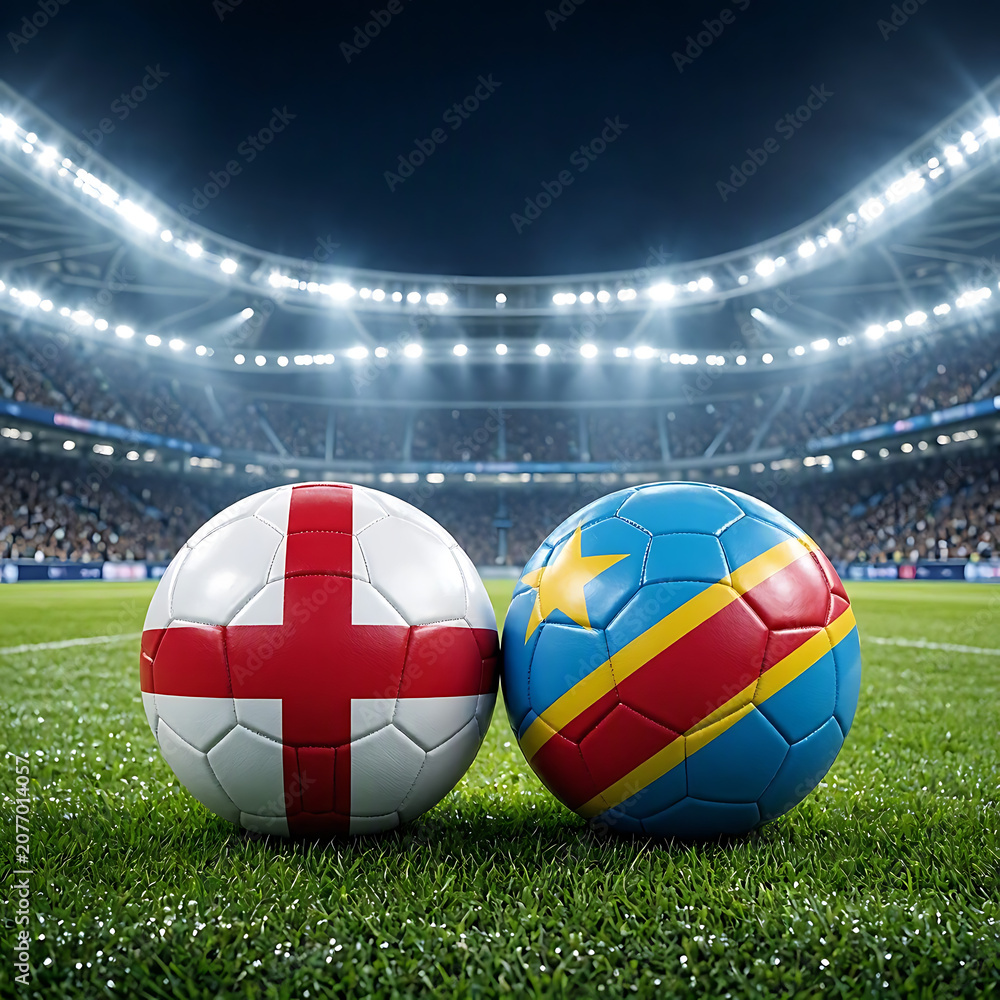 Obraz premium Soccer balls with england and democratic republic of the congo flags in a stadium