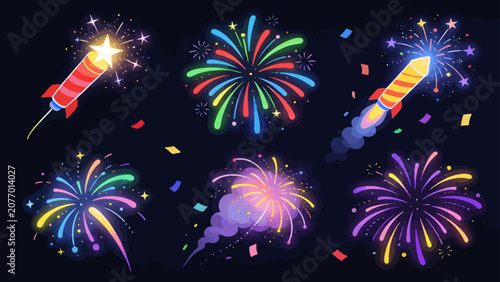 Vibrant Collection of Colorful Exploding Fireworks and Rockets for Festive Celebrations and Night Sky Displays