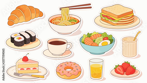 Collection of Delicious Hand Drawn Food and Drink Items on White Background