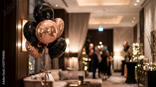 Black and rose gold balloons in a luxury hotel lobby for a party event