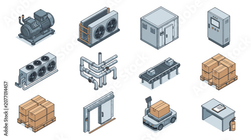 Isometric icons representing industrial equipment and logistics, including refrigeration units, conveyor belts, forklifts, and storage boxes.