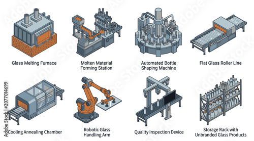 Collection of isometric illustrations depicting various stages of glass production and manufacturing processes.