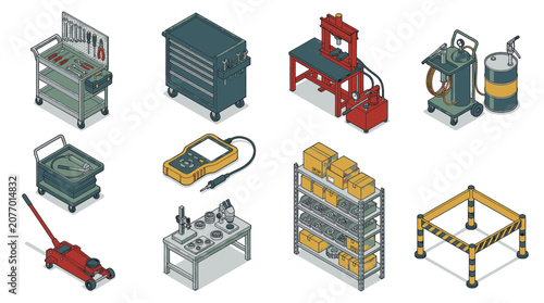 Collection of isometric garage and workshop equipment, including tools, storage, and machinery.