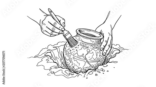 Fotografie Hands painting pottery vase with brush, artistic creation, craftwork, workshop,
