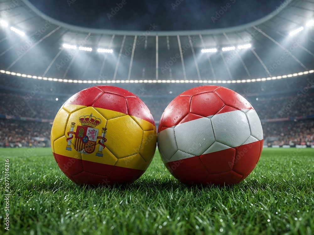 Obraz premium Soccer balls with flags of spain and austria on a stadium pitch