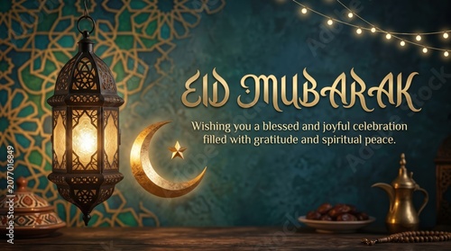 Festive Lantern and Crescent Moon Display for Eid al-Fitr Celebration with Warm Wishes for Joy and Peace, Ramadan and Eid Mubarak, Islamic Festivals