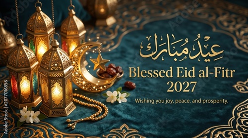Festive Decorative Lanterns and Crescent Moon Symbolizing Eid al-Fitr Celebrations with Elegant Arabic Calligraphy and Decorative Background, Ramadan and Eid Mubarak, Islamic Festivals