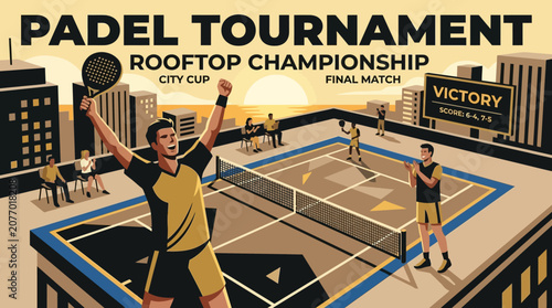 Padel Tournament Rooftop Championship With Victory Celebration And Cityscape Background