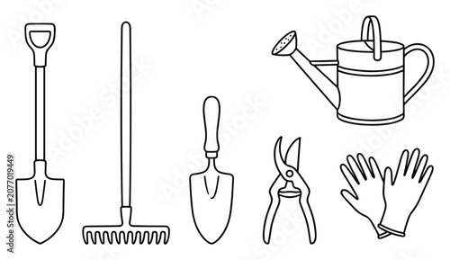 Canvastavla Essential gardening tools detailed line vector icon set featuring shovel, rake,