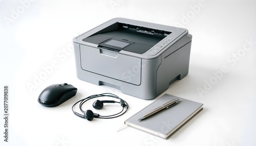 Minimalist Office Workspace with Laser Printer, Computer Mouse, Earphones, and Notebook on White Background