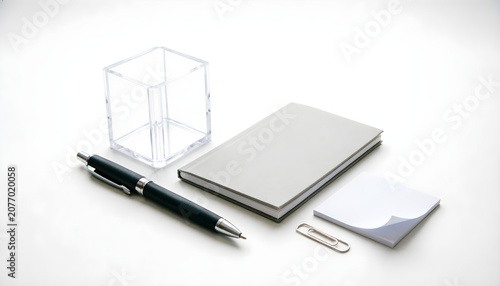 Minimalist Office Desk Accessories Mockup with Notebook, Pen and Sticky Notes on White Background