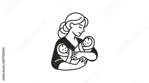 Happy mother holding twin newborn babies in her arms, black and white line art illustration. Motherhood, family love, and early parenting concept.