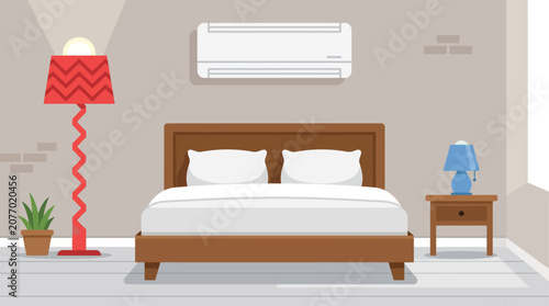 Modern Bedroom Interior Illustration with Comfortable Bed, Air Conditioner, Bedside Table, and Stylish Lamps for Relaxation and Comfort