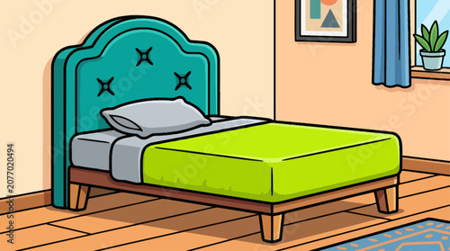 Cozy cartoon bedroom interior with vibrant green bed, teal headboard, wooden floor, and plant on windowsill, flat vector illustration
