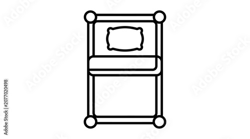 Minimalist top view line art illustration of a single bed with pillow and blanket. Simple bedroom furniture icon for sleep and rest.