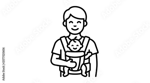 Happy Parent Carrying Baby in Front Carrier Line Art Icon. Family Bonding, Childcare, Modern Parenting, Infant Care Vector Illustration.