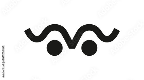 Modern minimalist abstract black graphic with wavy lines and two circular shapes on white background, clean design element.