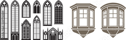 Gothic cathedral window silhouettes and classic bay window vector icons set for architectural design
