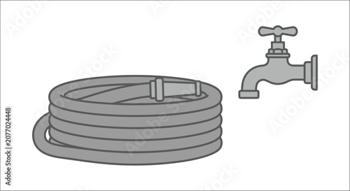 Fotografie Coiled garden hose and outdoor faucet gray line drawing on white background hose