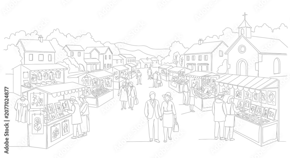Naklejka premium Outdoor Artisan Market Scene with People and Stalls in a Village Setting