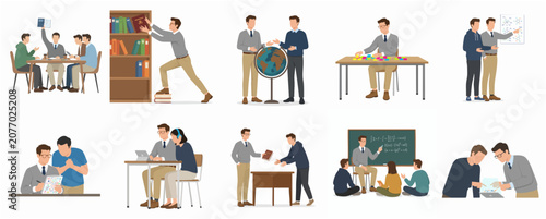Quadro su tela Education and Learning Scenes Set Featuring Students and Teachers Studying and C