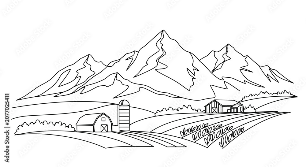 Fototapeta premium Rustic Farm Landscape with Mountains and Barns - Black and White Drawing