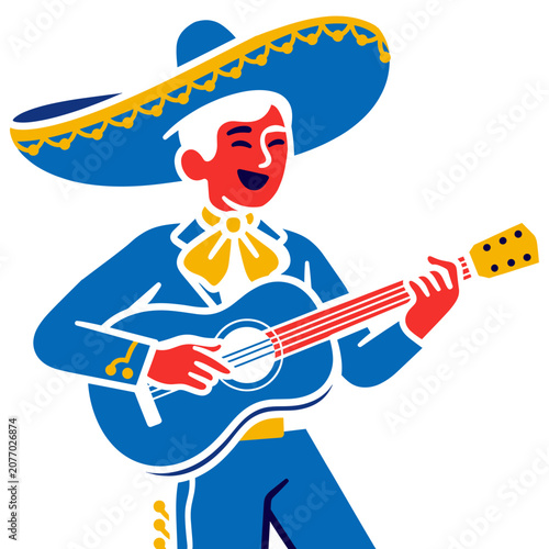 Flat vector illustration of a mariachi musician playing guitar