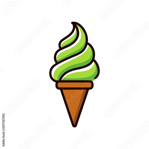 Green soft serve ice cream in a cone, vector illustration