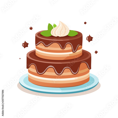 Layered Chocolate Cake with Cream and Leaves