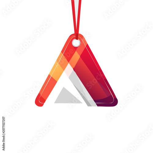 Red triangular tag with mountain symbol and string