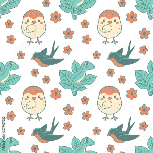 Seamless nature pattern with birds, geckos, flowers and leaves